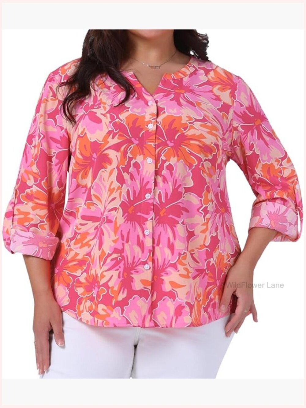 Plus Size Boho Floral Button Down Blouse Long Sleeve Notched V Neck